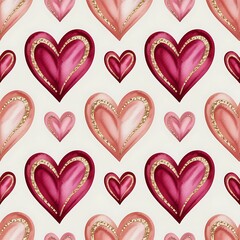 Seamless watercolor pattern of various sized romantic hearts with subtle glitter accents on a light background