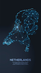 Low-poly vector map of Netherlands featuring glowing city lights and population density illustrated through star-like dots and cosmic shapes.