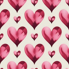 Seamless pattern of watercolor pink and red hearts on a light background for valentine s day