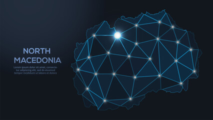 Low-poly vector map of Northern-Macedonia featuring glowing city lights and population density illustrated through star-like dots and cosmic shapes.