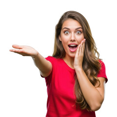 Woman with open mouth and hand outstretched isolated on transparent background