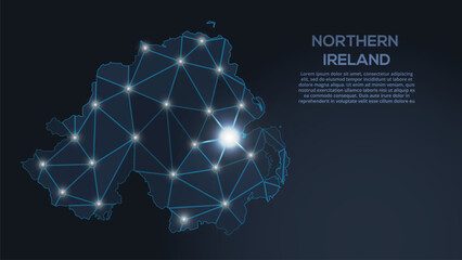 Low-poly vector map of Northern-Ireland featuring glowing city lights and population density illustrated through star-like dots and cosmic shapes.