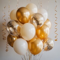 Elegant arrangement of gold and white balloons with confetti for celebration and festive occasions