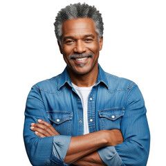 Smiling older man with crossed arms isolated on transparent background