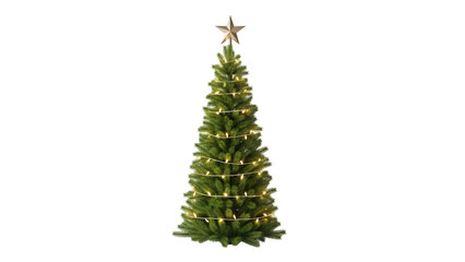 Artificial christmas tree with star topper and lights, isolated on transparent background