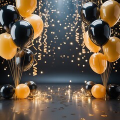Festive black and gold balloons with confetti and bokeh lights for celebration and party background