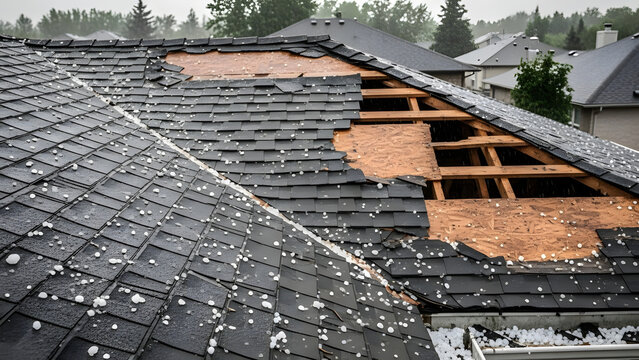 Damaged roofing shingles on a house after hailstorm with visible impact and fallen hailstones in a