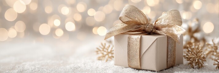 Beige gift box with gold bow sitting on snow with christmas lights bokeh background. Copy space