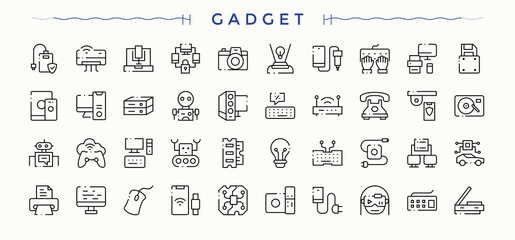Gadget icon set. Minimalist icons collection. Desktop line icon set. Pictograms of computer and device, mobile, desktop, device, technology, laptop and more.