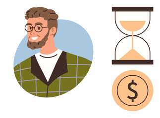 Smiling man in glasses and checked jacket, hourglass symbolizing time, and coin representing money. Ideal for time management, personal finance, budgeting, productivity, investment planning, career