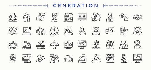 Set of Generation line icon. Includes thin line symbols man, family member, person, human and more. Web icons pack. Family Member linear icon collection. Editable stroke. Vector illustration.