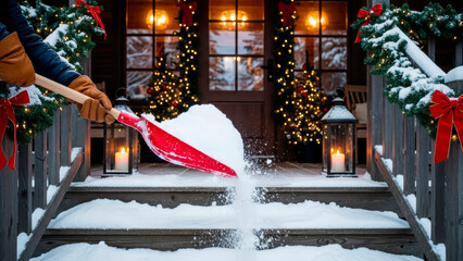 Removing snow with a snow shovel from a wooden farmhouse's festive porch. Seasonal snow removal.