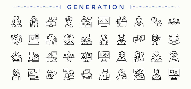 Set of Generation line icon. Includes thin line symbols man, family member, person, human and more. Web icons pack. Family Member linear icon collection. Editable stroke. Vector illustration.