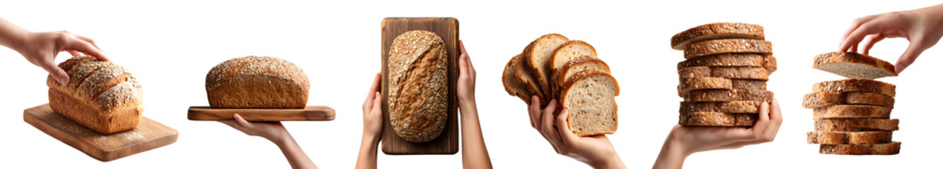 Set of hand holding loaf slice of Whole wheat grain wholemeal bread bun, stack pile, wooden serving board, isolated transparent cutout PNG. Many different style. Mockup design