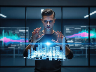 Man interacting with a futuristic city model in a high-tech office environment