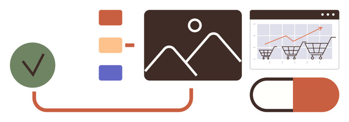 Checkmark linked to chart, gallery, shopping cart stats, and pill icon represents growth, organization, visual data, and health. Ideal for productivity, strategy e-commerce analytics healthcare