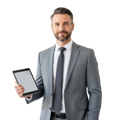 Man in suit holding a tablet isolated on transparent background