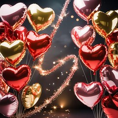 Sparkling heart shaped balloons in red gold and rose gold floating against a dark background with festive lights