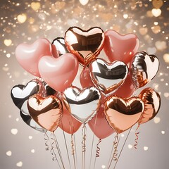 A large bouquet of rose gold and silver heart shaped balloons with a bokeh background