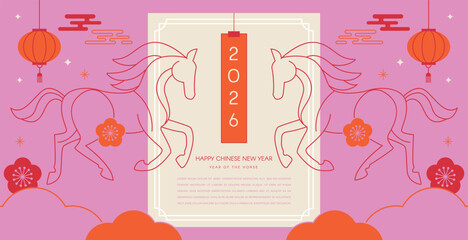 Modern geometric banner and card for Chinese New Year 2026 - Year of the Horse. social media promotional content