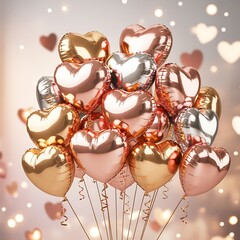 A large bouquet of rose gold and gold heart shaped balloons floating with bokeh lights in the background