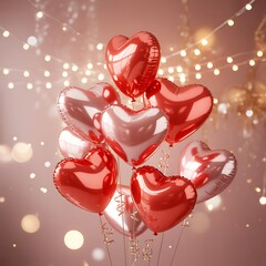Romantic bunch of red and pink heart shaped balloons floating against a bokeh background of lights