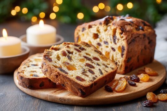 Traditional Irish barmbrack loaf with dried fruits, sliced and presented on a wooden board, surrounded by candles and festive decorations, perfect for holiday gatherings