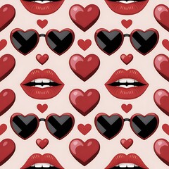 Seamless pattern of red lips and heart shaped sunglasses on a light background for valentine s day