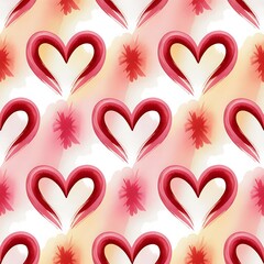 Seamless watercolor pattern of hand painted red hearts and abstract splashes on a soft pastel background