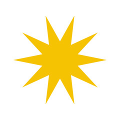 Vector bright yellow nine point starburst icon on white background. Shining sun symbol illustration for holiday decor, badge, logo, sticker and graphic design element.