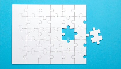 White Jigsaw Puzzle with One Piece Missing on Bright Blue Background Problem Solving and Completion