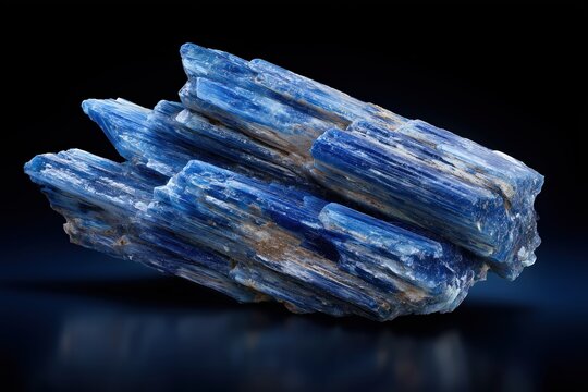 Azure Kyanite Crystal: A captivating kyanite crystal, showcasing vibrant shades of blue with crystalline structure, glistens with subtle light against the darkness.