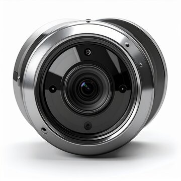 Close Up Of A Silver Surveillance Camera Lens With Black Details On White Background