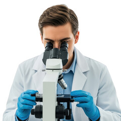 Scientist in lab coat using microscope isolated on transparent background