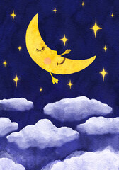 Crescent moon sleeps above clouds under starry night sky, hand drawn watercolor illustration.