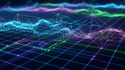 Futuristic digital data visualization with colorful glowing waveforms and grid structure