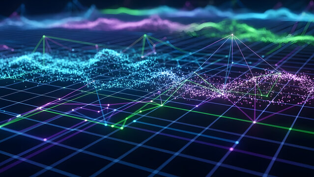 Futuristic digital data visualization with colorful glowing waveforms and grid structure - Powered by Adobe