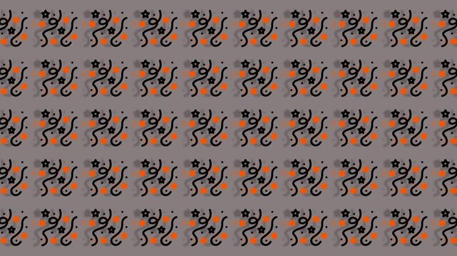 Looping tiled abstract pattern with colorful shapes on gray background.