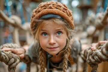 Young girl with braided hair on rope obstacle course, exploring outdoors with curiosity and focus