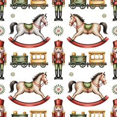 Whimsical christmas seamless pattern featuring nutcrackers rocking horses and toy trains in watercolor style