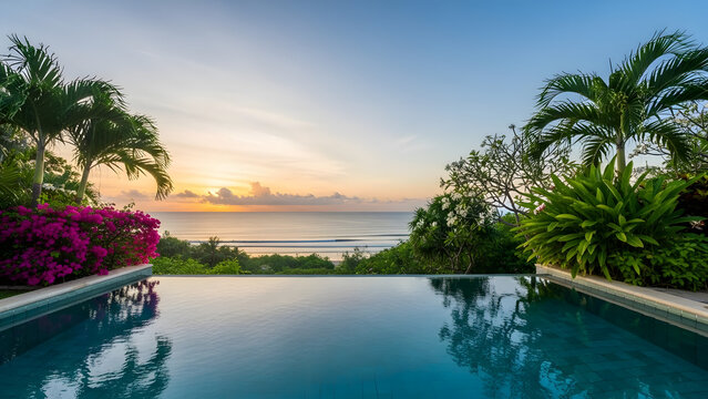 Serene tropical ocean view with lush greenery and a calm infinity pool overlooking the sunset