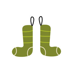 Childlike cartoon-style pair of cozy Xmas socks with gifts and decorations, playful festive clipart.