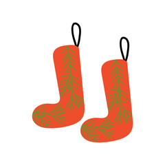 Childlike cartoon-style pair of cozy Xmas socks with gifts and decorations, playful festive clipart.