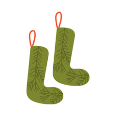 Childlike cartoon-style pair of cozy Xmas socks with gifts and decorations, playful festive clipart.