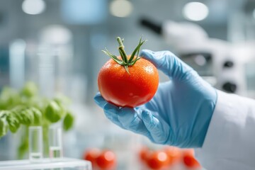 High-Tech Agriculture Scientist Examining Tomato in Modern Lab