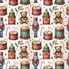 Whimsical watercolor christmas pattern featuring teddy bears nutcrackers drums and candy canes