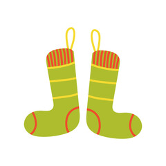 Childlike cartoon-style pair of cozy Xmas socks with gifts and decorations, playful festive clipart.