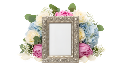 Ornate vintage rectangular picture frame adorned with a lush floral arrangement of hydrangeas and roses isolated on transparent background