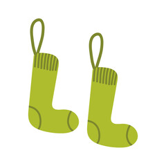 Childlike cartoon-style pair of cozy Xmas socks with gifts and decorations, playful festive clipart.