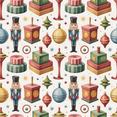 Whimsical watercolor pattern of festive christmas ornaments and nutcrackers in a repeating design